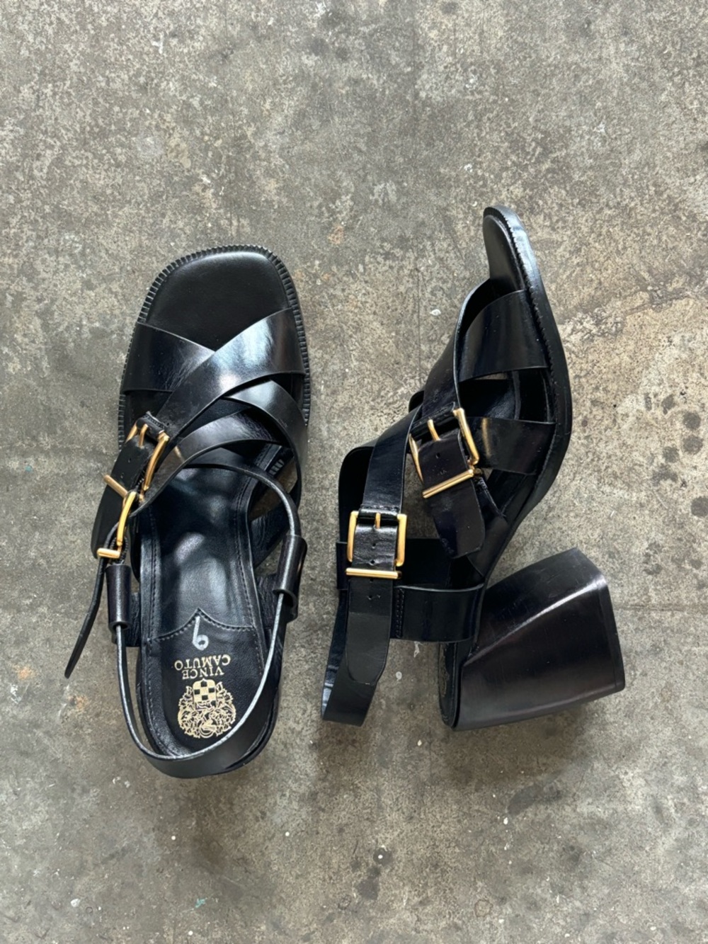 Vince Camuto Women’s Chunky Heeled Black Sandal with Gold Buckle